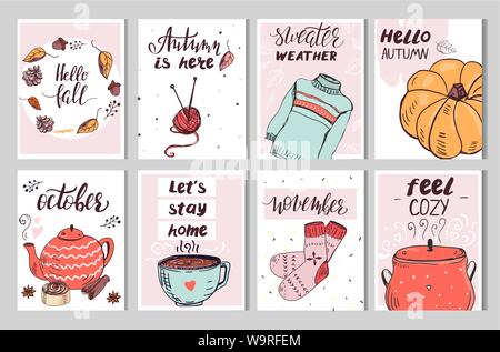 Set of eight cute autumn cards with simple cartoon style elements Stock Vector