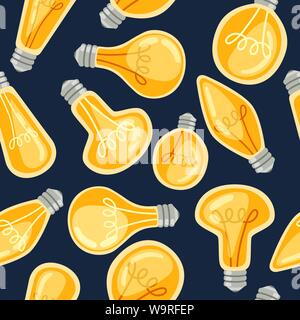 Seamless pattern of flat cartoon incandescent lamps yellow retro light bulbs vector illustration on dark background. Stock Vector