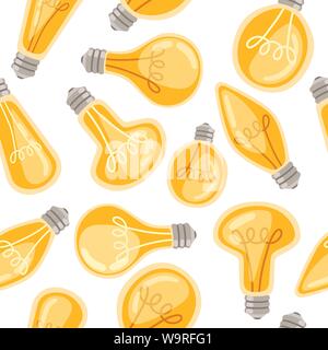 Seamless pattern of flat cartoon incandescent lamps yellow retro light bulbs vector illustration on white background. Stock Vector