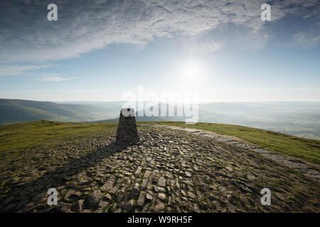 Trig Point at the summit of Mam Tor. Peak District National Park. Derbyshire. UK. Stock Photo