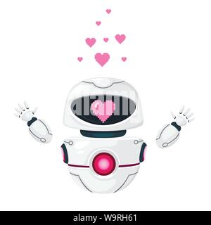 Cute white modern levitating robot raised hands and with pink heart love face flat vector illustration isolated on white background. Stock Vector