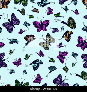 Hand drawn multi colored butterfly on a light blue background Stock Vector
