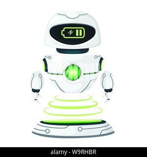Cute white modern levitating robot charges at the docking station flat vector illustration isolated on white background Stock Vector