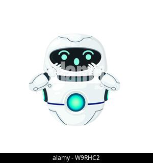 Cute white modern levitating robot with happy face flat vector illustration isolated on white background Stock Vector