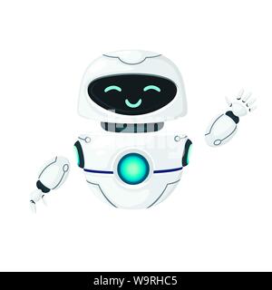Cute white modern levitating robot waving hand and with happy face flat vector illustration isolated on white background Stock Vector