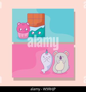 set of food and animals style kawaii vector illustration design Stock Vector