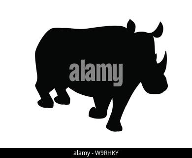 Black silhouette african rhinoceros walking cartoon animal design flat vector illustration isolated on white background Stock Vector
