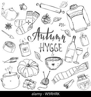 Set of hand drawn cute elements for making autumn cosy mood. Stock Vector