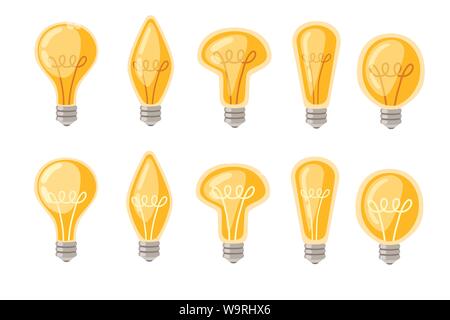 Set of flat cartoon incandescent lamps yellow retro light bulbs vector illustration isolated on white background Stock Vector