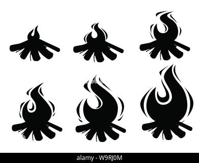 Black silhouette set of campfire sprites burning wooden logs and camping stones flat vector illustration isolated on white background Stock Vector