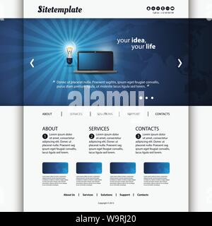 Abstract Blue Modern Business or Technology Website Design Template with Word Map Background, Light Bulb and Laptop PC - Illustration in Vector Format Stock Vector