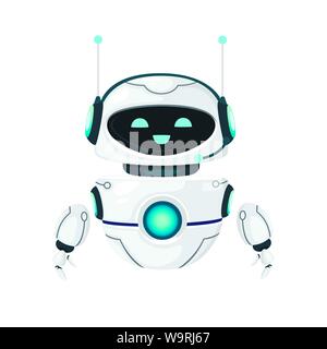 Cute white modern levitating robot with happy face flat vector illustration isolated on white background Stock Vector
