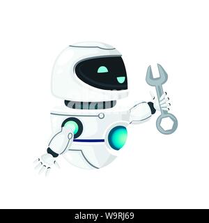 Cute white modern levitating robot up raised hand and holding wrench flat vector illustration isolated on white background Stock Vector