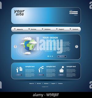 Blue Modern Business Website Design Template with Earth Globe and Clouds - Illustration in Freely Scalable and Editable Vector Format Stock Vector