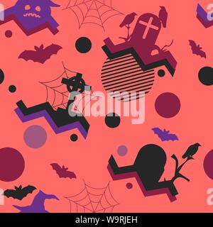 Halloween seamless pattern in memphis style, geometric shapes. Scary pumpkins, gravestones, bats and crows. Vector illustration Stock Vector