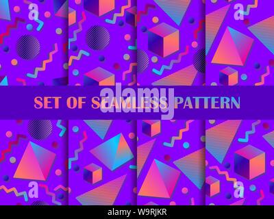 Memphis seamless pattern set. Geometric shapes with gradient in the style of 80s, isometric. Vector illustration Stock Vector