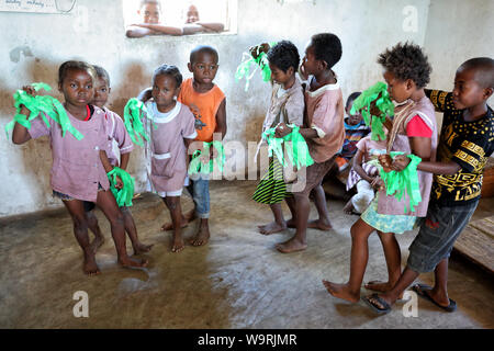 Students rehearse a dance for Independance Day in a primary school in Anakao, Madagascar. Stock Photo