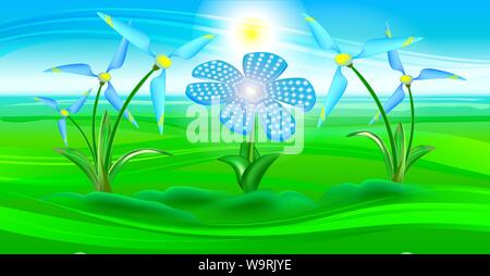 Сlean electric energy from renewable sources sun and wind. Solar panels and wind turbines in the form of flowers against the backdrop of nature. Stock Vector
