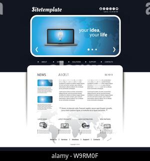 Modern Blue Business or Technology Website Design Template with World Map Background and Light Bulb in a Laptop Screen - Vector Stock Vector