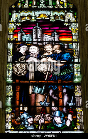 England, Kent, Canterbury, Canterbury Cathedral, The Chapter House, Stained Glass Window depicting An Execution in The Tower of London, 30064392 *** L Stock Photo