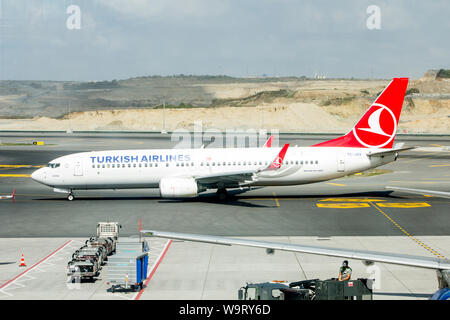 Istanbul New Airport, Istanbul / Turkey - August 11th, 2019: Turkish Airlines TC-JGB  Çeşme Boeing 737-800 ready for departure at the runway. Turkish Stock Photo