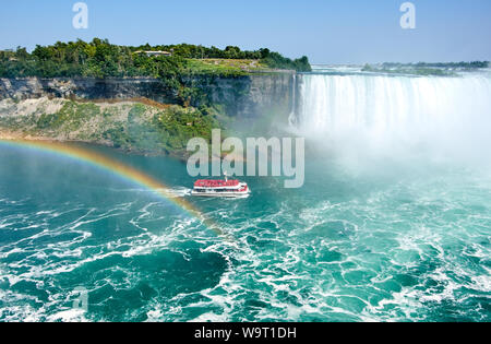 Beautiful Niagara Falls in summer on a clear sunny day with rainbow, view from Canadian side. Niagara Falls, Ontario, Canada Stock Photo
