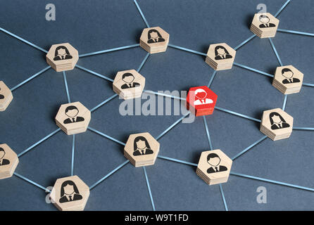 Hexagons with businessmen employees are connected with their leader by a business network. Communication and social networks. Cooperation and collabor Stock Photo