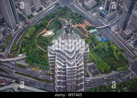 Shanghai, China - April 20, 2019: Aerial view of Lujiazui central green and Jinmao tower top. Shanghai is  the most populous city in China Stock Photo