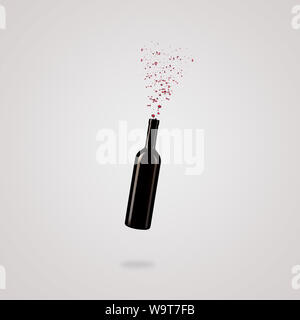 levitating wine bottle with splashes in shape of heart, concept of love for red wine Stock Photo