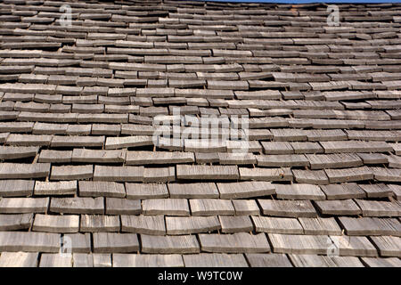 close-up view of wood shingle roof, wood shingles on a roof top of an old hut in bavaria Stock Photo