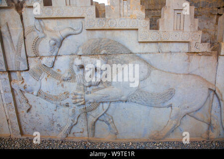 Bas-relief of lion and bull in the apadana palace staircase. Stock Photo