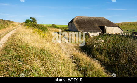 A traditional thatched stone barn stands among pasture fields beside the South West Coast Path at Ringstead on Dorset's Jurassic Coast. Stock Photo