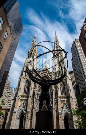St. Patricks Cathedral and the statue of Atlas located on the fifth avenue of NYC Stock Photo