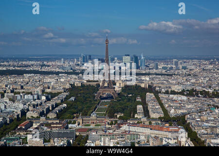 View of the Eiffel Tower and Parc du Champs de Mars from the 56th floor outdoor observation deck of the Montparnasse Tower. Stock Photo