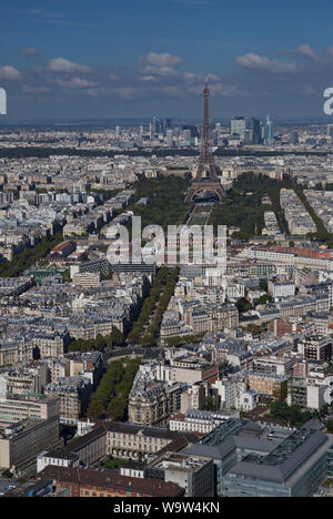 General view of the Eiffel Tower, Parc du Champs de Mars and Avenue de Saxe from the 56th floor observation deck of the Montparnasse Tower, Paris, Fra Stock Photo