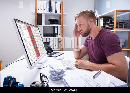 Despairing Businessman Faced With Financial Losses Looking On Graphs Dropping Into The Red Stock Photo
