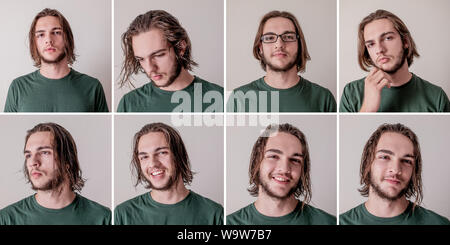 Set of young blonde handsome guy face expressions, multiple portraits of bearded male portrait set Stock Photo