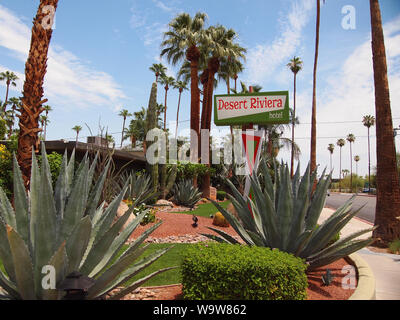 PALM SPRINGS, CALIFORNIA - JULY 18, 2019: The Desert Riviera hotel, built in 1951, features gorgeous cactus gardens surrounding intimate accommodation Stock Photo