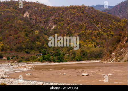 Confluence of Sarda and Ladhya rivers near Chuka and Thak villages, location made famous by Jim Corbett in his book Maneaters of Kumaon, India Stock Photo