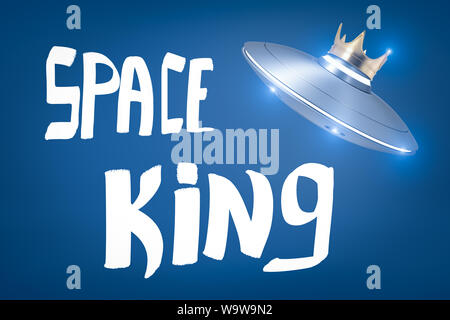 3d rendering of a light-grey UFO wearing gold crown, floating in air, above the title SPACE KING on blue background. Stock Photo