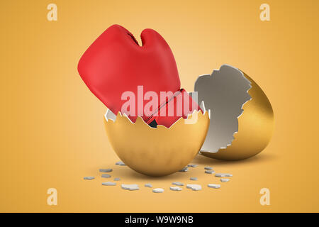 3d rendering of red boxing glove that just hatched out from golden egg on light ocher background. Stock Photo