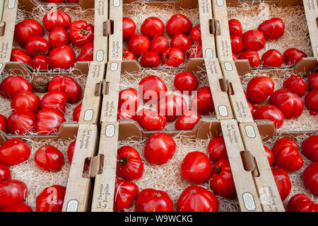 Boxes with beef tomatoes on display at the outdoor Saturday market in Dieppe, Normandy, France. Stock Photo