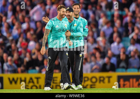 LONDON, UNITED KINGDOM. 15th Aug, 2019. Arun Harinath of Surrey Cricket Club celebrates after taking the wicket of Luke Wright of Sussex Crircket Club during todays match during T20 Vitality Blast Fixture between Surrey vs Sussex at The Kia Oval Cricket Ground on Thursday, August 15, 2019 in LONDON ENGLAND. Credit: Taka G Wu/Alamy Live News Stock Photo