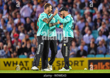 LONDON, UNITED KINGDOM. 15th Aug, 2019. Arun Harinath of Surrey Cricket Club celebrates after taking the wicket of Luke Wright of Sussex Crircket Club during todays match during T20 Vitality Blast Fixture between Surrey vs Sussex at The Kia Oval Cricket Ground on Thursday, August 15, 2019 in LONDON ENGLAND. Credit: Taka G Wu/Alamy Live News Stock Photo