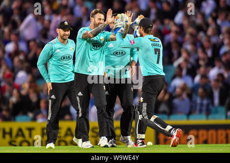 LONDON, UNITED KINGDOM. 15th Aug, 2019. Arun Harinath of Surrey Cricket Club celebrates after taking the wicket of Luke Wright of Sussex Crircket Club during todays match during T20 Vitality Blast Fixture between Surrey vs Sussex at The Kia Oval Cricket Ground on Thursday, August 15, 2019 in LONDON ENGLAND. Credit: Taka G Wu/Alamy Live News Stock Photo