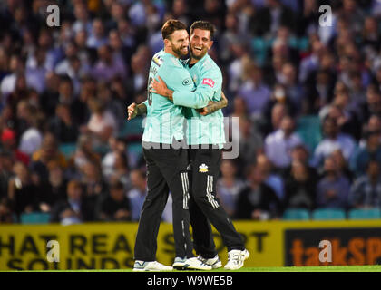 LONDON, UNITED KINGDOM. 15th Aug, 2019. Arun Harinath of Surrey Cricket Club celebrates after taking the wicket of Luke Wright of Sussex Crircket Club during todays match during T20 Vitality Blast Fixture between Surrey vs Sussex at The Kia Oval Cricket Ground on Thursday, August 15, 2019 in LONDON ENGLAND. Credit: Taka G Wu/Alamy Live News Stock Photo