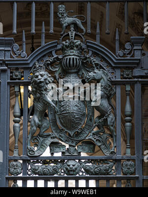 Royal crest on the gates of the Treasury Building, London, England Stock Photo