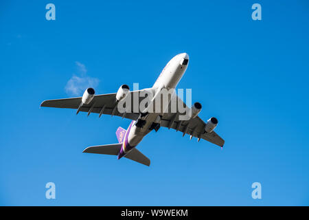 Thai Airways Airbus A380-841 jet taking off from Heathrow Airport, London, England, GB, UK