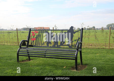 09/10/2017, Langemark-Poelkapelle, Belgium, Welsh Memorial Bench sighted at the Memorial WW1, The red dragon, built on a dolmen, stands in the middle Stock Photo