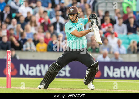 London, UK. 15 August, 2019. Tom Curran batting for Surrey against Sussex Sharks in the Vitality T20 Blast match at the Kia Oval. David Rowe/Alamy Live News Stock Photo